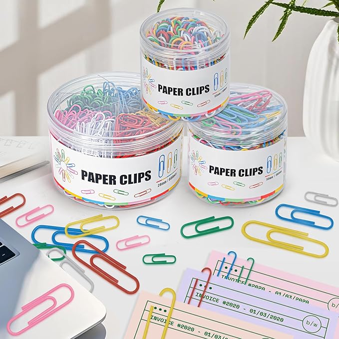 1000 Paper Clips Assorted Sizes, Large, Medium, and Small Colored Paper Clips, Durable, Rustproof, Great for Office Supplies, School, Home Organization(50mm, 33mm, 28mm)