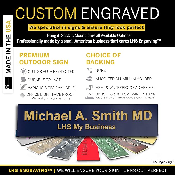 Custom Name Plate with Choice of Mounting for Walls, Doors, Cubicles, Hanging and More - Personalized Navy Blue Plastic Gold Letters - USA Made 2x10 - B10