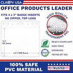 Claev - Horizontal Flexible and Tear Resistant Card Protector - Clear, 4x3 Inch, 50 Pack - Large Easy Open Plastic ID Name Badge Holders for Conferences, Conventions, Offices & Schools