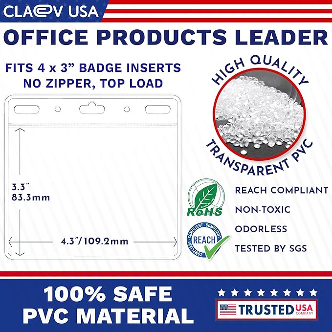 Claev - Horizontal Flexible and Tear Resistant Card Protector - Clear, 4x3 Inch, 50 Pack - Large Easy Open Plastic ID Name Badge Holders for Conferences, Conventions, Offices & Schools
