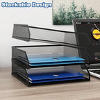 Natwind 3-Tier Stackable Paper Tray, Metal Mesh Desktop Organizer, A4 Paper Sorter, Letter Trays,File Folder Sorter Organizer with Sliding Tray for Home, Office, School (Black)