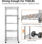 Metal Storage Shelves 5 Tier with Wheels, 1100 LBS Adjustable Wire Shelving Rack Shelves Units with Side Handle for Hanging, Rolling Shelf Organizer for Kitchen Garage, 11.8" W x 23.6" D x 61"H,Silver