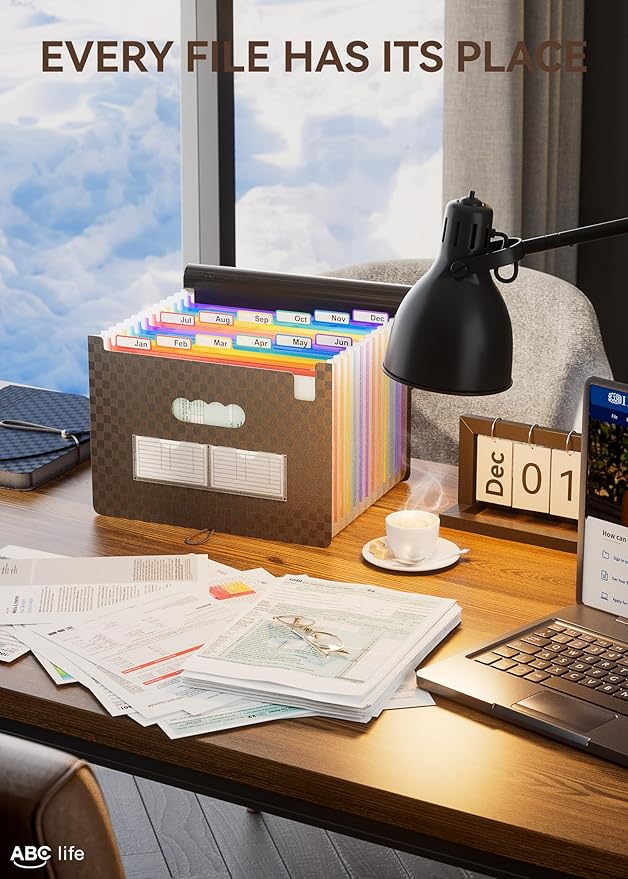 ABC life Accordian File Organizer 12 Pockets,Expanding File Folder/Portable A4 Letter Size Filling Box, Expandable Desktop Accordion Folder, Plastic Paper Document Coupon Organizer with Colored Labels