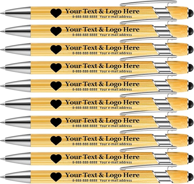 Personalized Pen Bamboo Pen with Stylus -Customizable Text Logo Name Ballpoint Pens with Black Ink-Personalized Gift Ideas for Office School Business Home(10 Count/Pack)