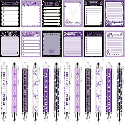 48 Domestic Violence Awareness Month Supplies Stop Domestic Violence Sticky Notes and Ballpoint Pens with Purple Ribbon Against Violence DV Survivor Support Gifts October Awareness Month Gift