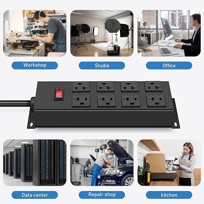 JUNNUJ Heavy Duty 20 Amp Power Strip, Garage 8 Outlets Metal 12 Gauge Surge Protector 3000J, High Amp 5-15P Adapter Shop 6-20R T-Slot Industrial Outlets (8AC, 15FT)