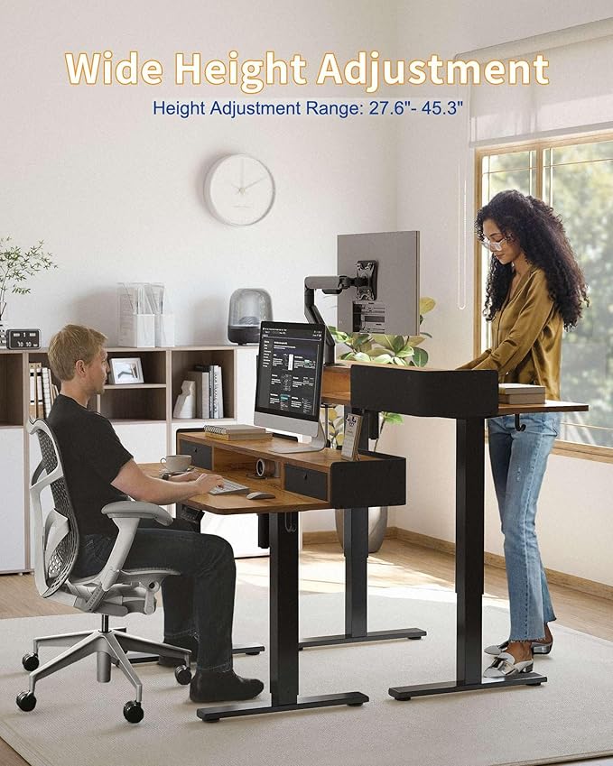 YIHAYO Electric Standing Desk with Drawers, 60 x 24 Inches Adjustable Desk with Storage Shelf, Computer Table with Splice Board for Home Office, Black Frame/Rustic Brown Top