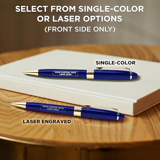 DISCOUNT PROMOS 100 Ultra Executive Pens Pack - Customizable Text, Logo - Twist To Write, Gold Accent - Blue