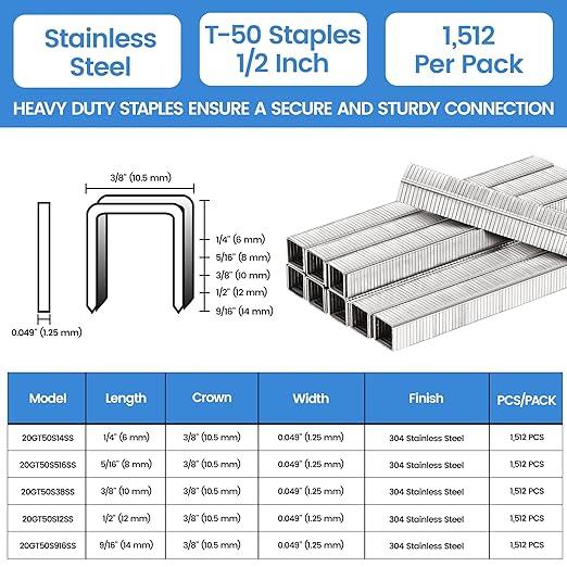meite T-50 Stainless Steel Staples Marine, 1/2 Inch Heavy Duty Staples for Staple Gun - 1512 Counts, 20 Gauge 3/8 Inch Crown T-50 Upholstery Staple for Marine Applications