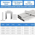 meite T-50 Stainless Steel Staples Marine, 1/2 Inch Heavy Duty Staples for Staple Gun - 1512 Counts, 20 Gauge 3/8 Inch Crown T-50 Upholstery Staple for Marine Applications