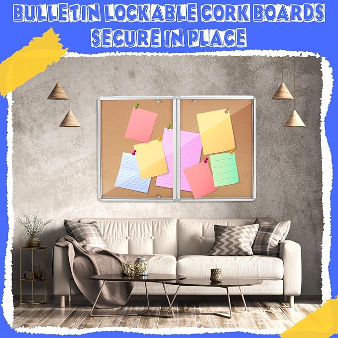 Enclosed Bulletin Board 48" x 36" Weather Resistant Lockable Notice Cork Display Board Wall Mounted 2 Locking Door for School Classroom Commercial Christmas, 12 x A4(Brown, Silver Frame)