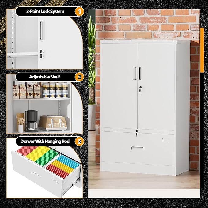 INTERGREAT Metal Storage Cabinet,Metal File Cabinet with Lockable Doors and Adjustable Shelves，Pantry Storage Cabinets for Garage,Home Office,Kitchen(White)