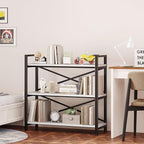 Homeiju 3 Tier Bookshelf 31.49" Width, Wood and Metal Etagere Bookcase, Vintage Farmhouse Modern Wooden Big Book Shelf for Home Living Room Bedroom Office Storage(White)