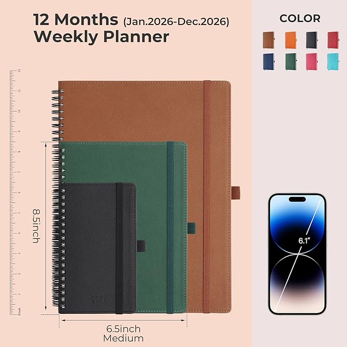 IN-LUXPRO Planner 2026 Daily Weekly and Monthly,8.5"x6.5",12 Months Spiral Bound Calendar Agenda with Self-adhesive Pen Holder,2026 Appointment Book with Vegan Leather Soft Cover,Black