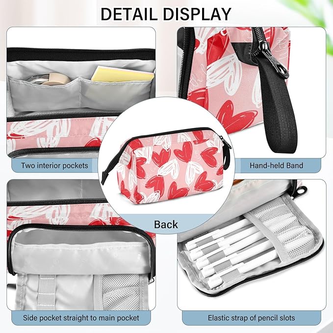 Bolaz Big Capacity Pencil Pen Case Pouch Bag School College Office Organizer for Teens Girls Adults Student-Valentine's Day Red White Hearts on Pink