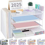 OPNICE Desk Organizer, 4-Tier Desktop File Organizer with Drawer and 2 Pen Holders, Office Desk Accessories, File Sorters, Workspace Organizers for Office Supplies(White)