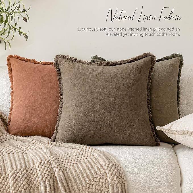 Foindtower Set of 2 Decorative Linen Fringe Throw Pillow Covers Cozy Boho Farmhouse Cushion Cover with Tassels Soft Accent Pillowcase for Couch Sofa Bed Living Room Home Decor, 26×26 Inch, Light Brown