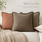 Foindtower Set of 2 Decorative Linen Fringe Throw Pillow Covers Cozy Boho Farmhouse Cushion Cover with Tassels Soft Accent Pillowcase for Couch Sofa Bed Living Room Home Decor,18×18 Inch,Light Brown