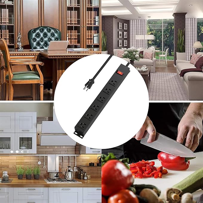 6 Outlet Power Strip with Wide Spaced and 10FT Power Cord,Wall Mount Metal Industrial Power Strip Heavy Duty for Commercial,Garage,School and Home,15A 125V 1875W,Black(10FT)