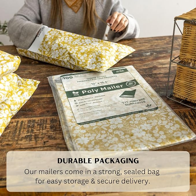 12x15.5 Poly Mailer Envelopes 100 Pcs Large-Sized Colored Designer Shipping Bags For Clothing Cute Mailers Unpadded Self-Sealing Packaging Recyclable Eco-Friendly (Yellow Floral) Mini Wander