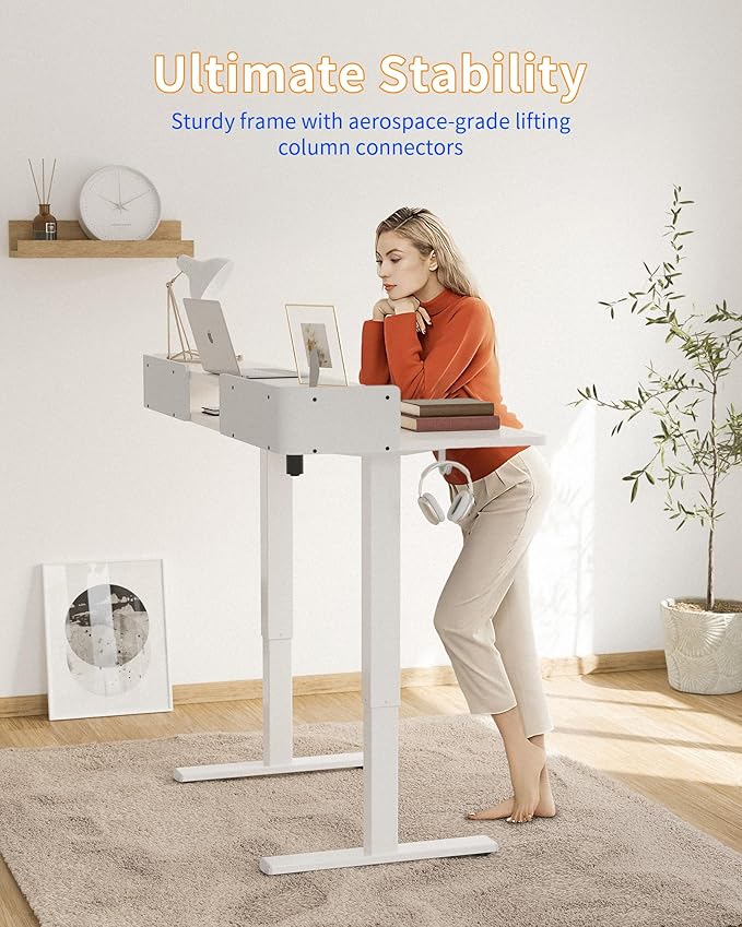 YIHAYO Electric Standing Desk with Drawers, 48 x 24 Inches Adjustable Desk with Storage Shelf, Stand Up Desk with Splice Board, Computer Table for Home Office,White Frame/White Top