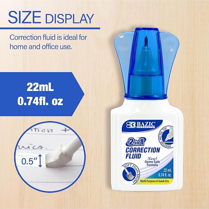 BAZIC Products Correction Liquid 2 in 1 (0.74 oz / 22 ml), Foam Brush & Precise Metal Tip Applicator, Instant Corrections Pen White Out Wipe Out Fluid, 2-Pack