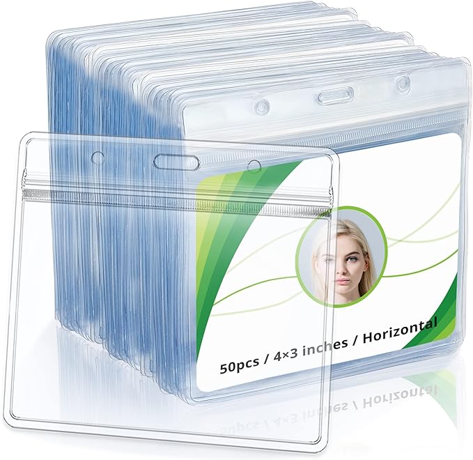 4x3 Inches Horizontal Badge Holder, Clear ID Card Holder with Waterproof Resealable Zip Type Protector, Badge Sleeve Fits Name Tag Holder/RFID/Proximity/Credit Card(Holders,50PCS)