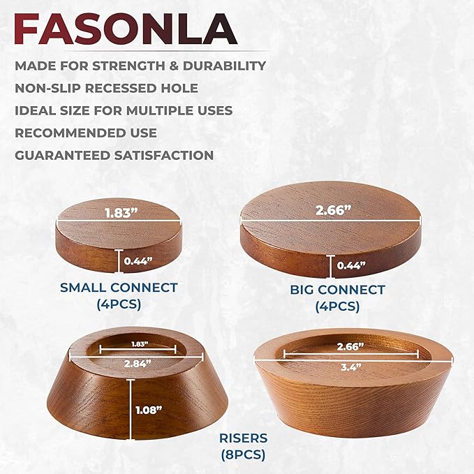 Bed Risers, Furniture Risers (Set of 8-Height 1") Can be Adjusted to 2'' 3''or 4'', Lifts Furniture Risers, Solid Natural Wood Risers, Non-Slip Recessed Hole (Light Brown Color)