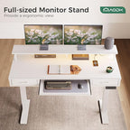 AODK Electric Standing Desk with Drawers & Keyboard Tray, 55 Inch Height Adjustable Gaming Desk with Power Outlets & LED Lights, Sit Stand Table with Monitor Stand for Home, Office, White