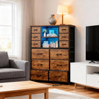 EnHomee Dresser for Bedroom with Fabric Dresser, Charging Station & LED Light, Large Chest of Drawers for Living Room, Entryway, Metal Frame, Rustic Brown, 50.6" H x 37.8" W x 11.8" D