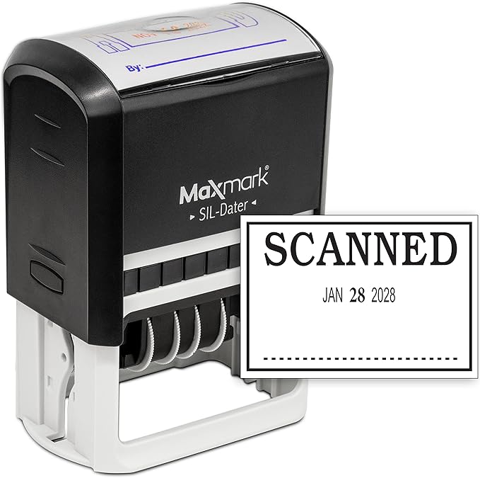 MaxMark Large Self-Inking Rubber Date Office Stamp with Scanned Phrase & Date - Black Ink, 12-Year Band - Style 3