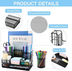 BCCICE Desk Organizers Caddy and Accessories with 7 Compartments + Pen Holder / 72 Clips Set, Drawer, Black Mesh Office Supplies Desktop Organizer for Home, Office Ect