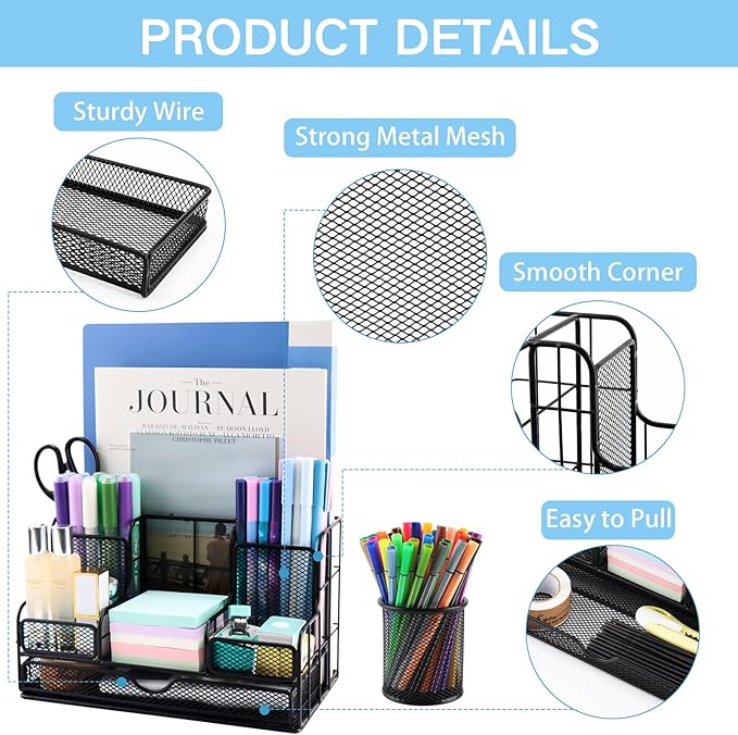 BCCICE Desk Organizers Caddy and Accessories with 7 Compartments + Pen Holder / 72 Clips Set, Drawer, Black Mesh Office Supplies Desktop Organizer for Home, Office Ect