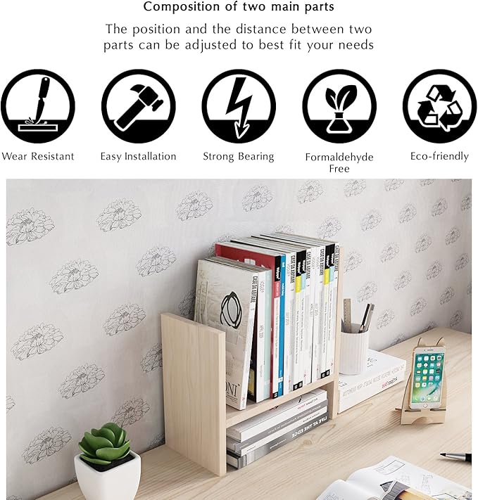 Jerry & Maggie Desktop Organizer Office Storage Rack Adjustable Wood Display Shelf Free Style Double H, Multi-Functional Mini Bookshelf for Desk Natural Stand (White Wood Tone)