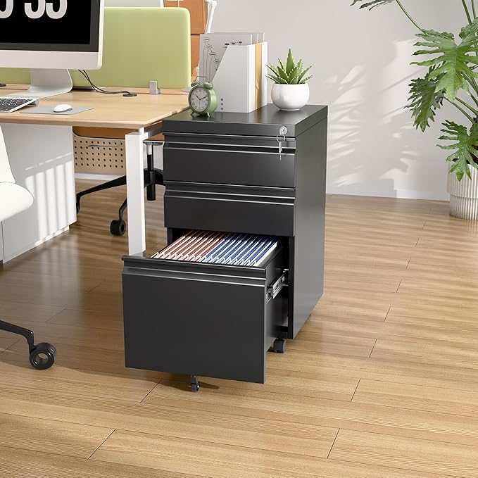 3 Drawer Steel Mobile File Cabinet with Lock for Legal/Letter/A4 Folders, 23.6''H Rolling File Cabinet for Home, Office, Fully Assembled Except Wheels, Black