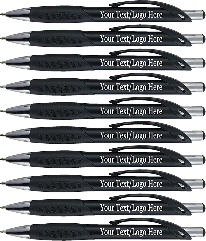 SyPen Promotional Pens With your Custom Logo or Text-300 Pack Bulk-for Businesses, Parties, and Events, Custom Printed Metallic/Colored Click Action Ballpoint Pens, Rubber Grip, Black Ink, Black