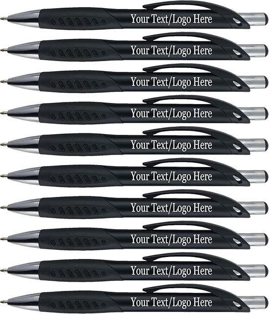 SyPen Promotional Pens With your Custom Logo or Text-300 Pack Bulk-for Businesses, Parties, and Events, Custom Printed Metallic/Colored Click Action Ballpoint Pens, Rubber Grip, Black Ink, Black