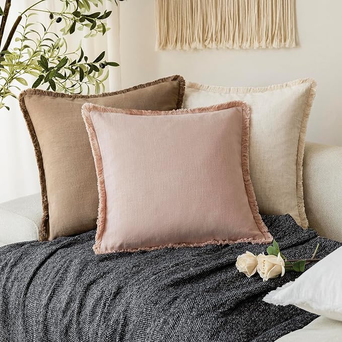 Foindtower Set of 2 Decorative Linen Fringe Throw Pillow Covers Boho Farmhouse Cushion Cover with Tassels Soft Accent Pillowcase for Couch Chair Sofa Bed Living Room Home Decor,22×22 Inch,Light Pink