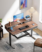 HUANUO 48 x 30 inch Electric Standing Desk with 4 Drawers, Adjustable Height Sit Stand Home Office Desk with Two Tiers, Ergonomic Adjustable Stand up Desk C-Clamp Monitor Mount Compatible, Walnut
