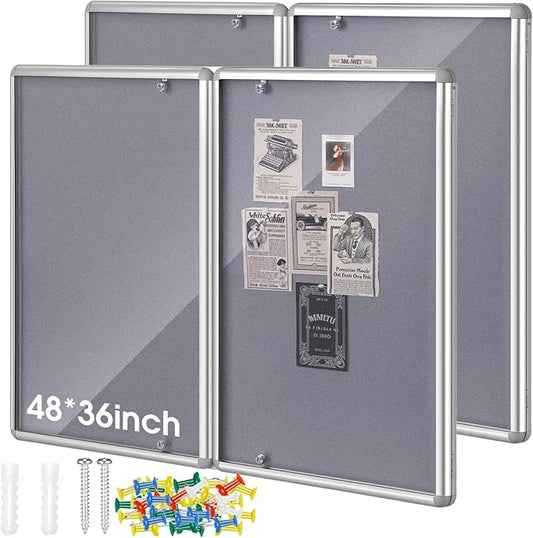 2 Pack Enclosed Bulletin Board 48"x36" Weather Resistant Lockable Enclosed Notice Cork Case Display Board Wall Mounted 2 Locking Door Aluminum Frame for Back to School Classroom, 12xA4(Gray)