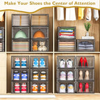 7 code Thicken & Sturdy Clear Shoe Storage Organizer with Magnetic Door, Stackable Boxes for Closet, Foldable Shoe Rack for Sneaker Boot Container, Plastic Shoe Cabinet Shoe Box 6 Pack, Black
