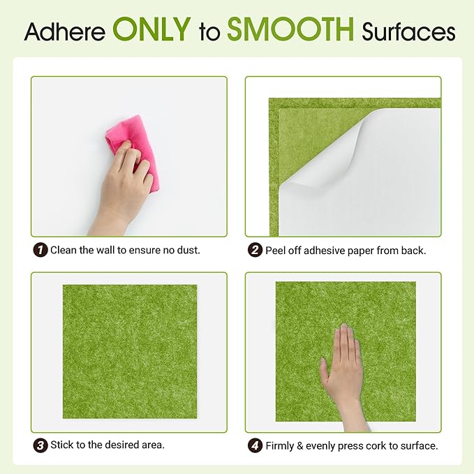 AKTOP Cork Bulletin Board 12x12, 1/2" Thick Felt Cork Board Tiles 6 Pack, Small Square Pin Board for Wall, Self Adhesive Corkboards with 60 Push Pin Wood Clips for School, Home & Office, Green