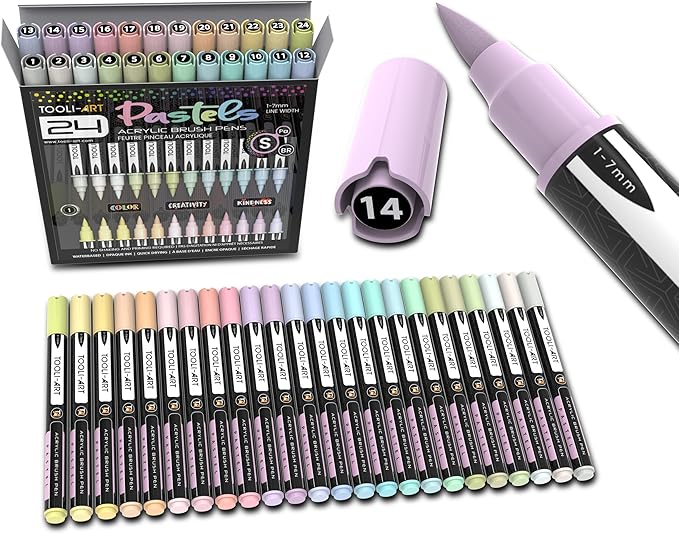 24 Flexible Brush Tip Acrylic Paint Pens Markers Set 1-7mm Line for Rock Painting, Brush Lettering, Glass, Mugs, Wood, Metal, Canvas, Fabric, Plastic Non Toxic Waterbased Quick Drying Assorted Pastel