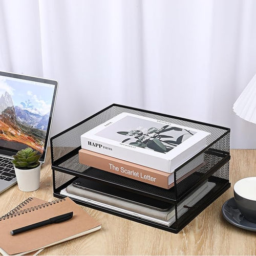 2 Pack Stackable Letter Tray, Wire Mesh Desk File Organizer Metal Desktop Paper Sorter Desk Tray Document Magazine Storage Basket for Home Office Supplies - Transverse Load, Black