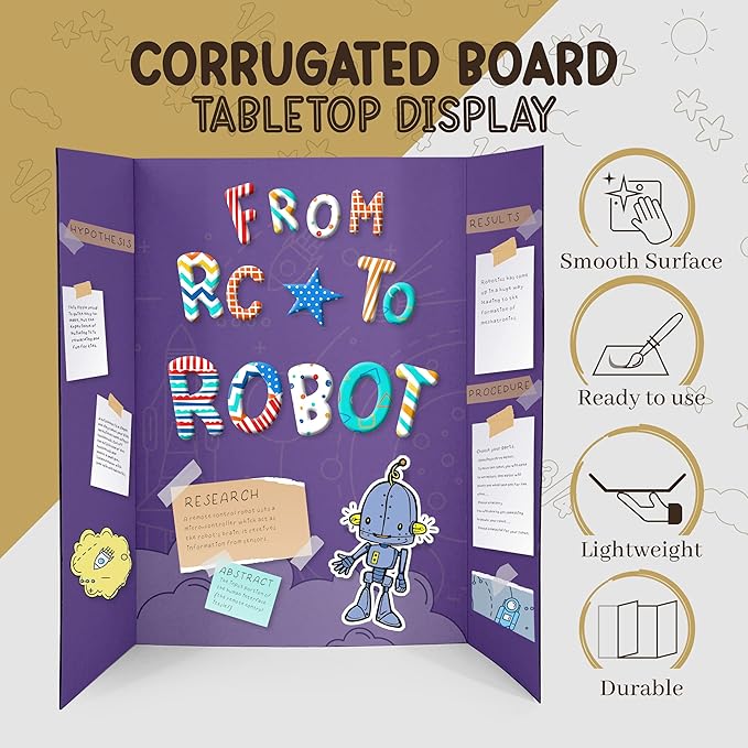 Trifold Poster Board 36" x 48" White Presentation Board - Self-Adhesive Science Subtitles Included - Science Fair Display Boards, for School, Fun Projects and Business Presentations - by Emraw