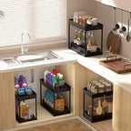 APWNRJA Under Sink Organizers 2 Pack, Pull-Out Sliding Cabinet Organizer with 2-Tier Storage Shelf & 4 Hooks, Multi-Purpose for Kitchen & Bathroom (13 Inch, Black)