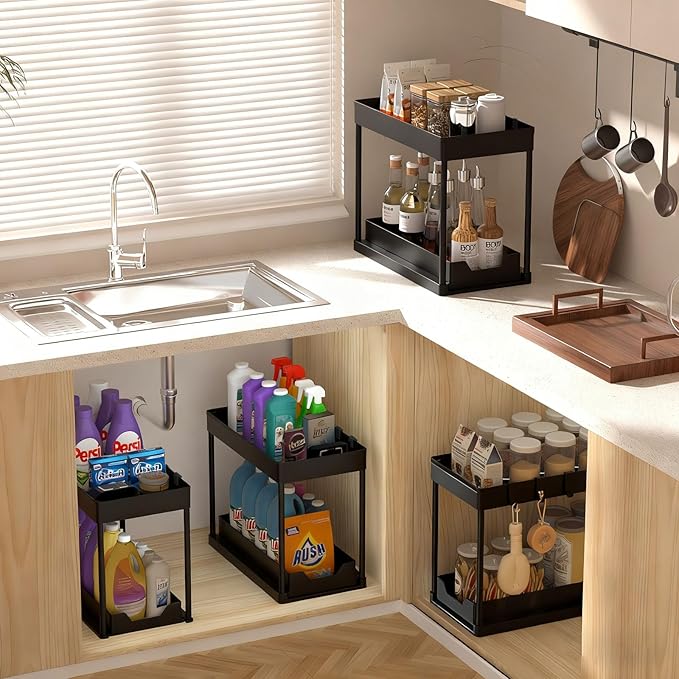 APWNRJA Under Sink Organizers 2 Pack, Pull-Out Sliding Cabinet Organizer with 2-Tier Storage Shelf & 4 Hooks, Multi-Purpose for Kitchen & Bathroom (13 Inch, Black)