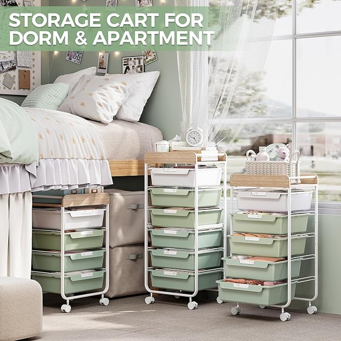 Rolling Storage Utility Cart With 6 Drawers,Art Supply Craft Organizer,Sewing Makeup Organizer And Storage,Office Organization Wooden Tabletop,Green
