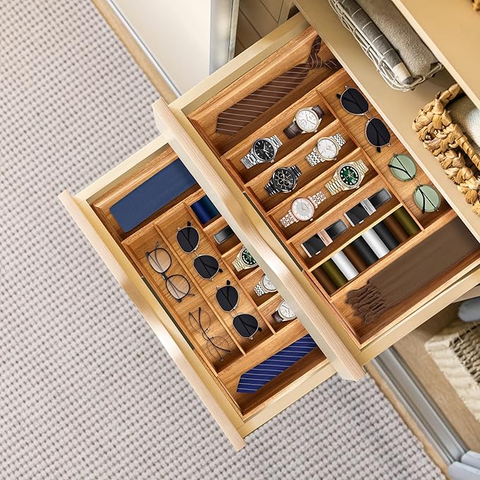 oridom Large Premium Acacia Silverware Organizer - Expandable Drawer Organizer & Utensil Organizer - 17"x19.7" Cutlery Tray with Dividers for Kitchen Utensils and Flatware (7-9 Slots) Acacia