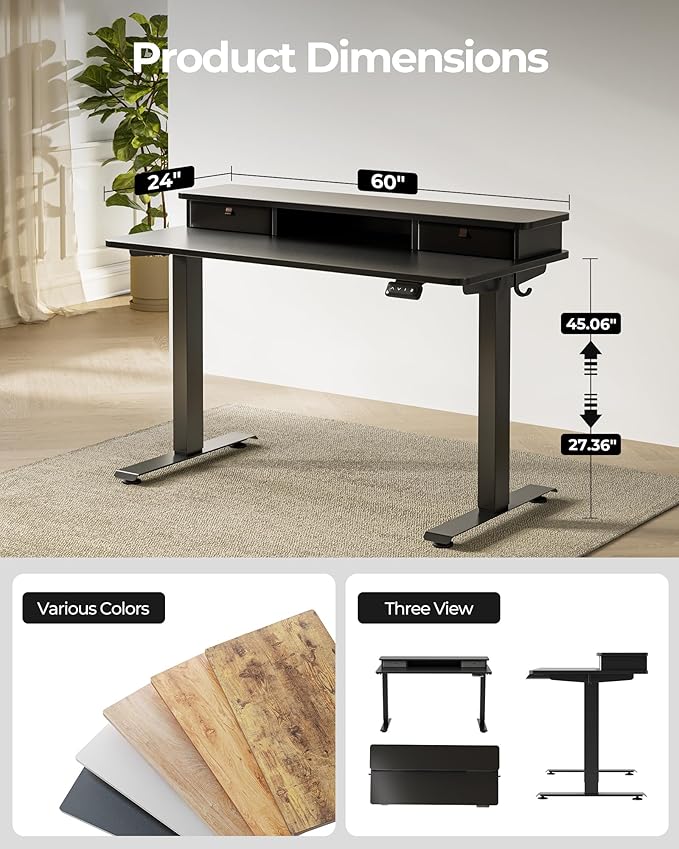 FEZIBO 60 x 24 Inch Height Adjustable Electric Standing Desk with Double Drawer, Stand up Home Office Computer Desk with 4 Height-Adjustable Feets & 2 Hooks, Black